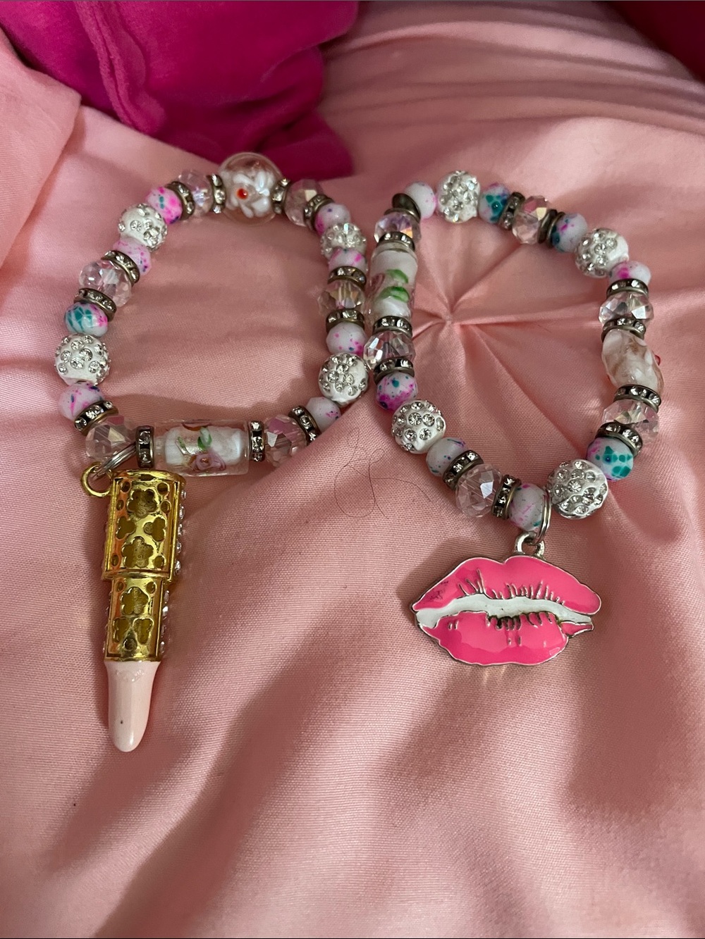 Pink Beaded Lipstick & Kiss Charm Bracelet Set